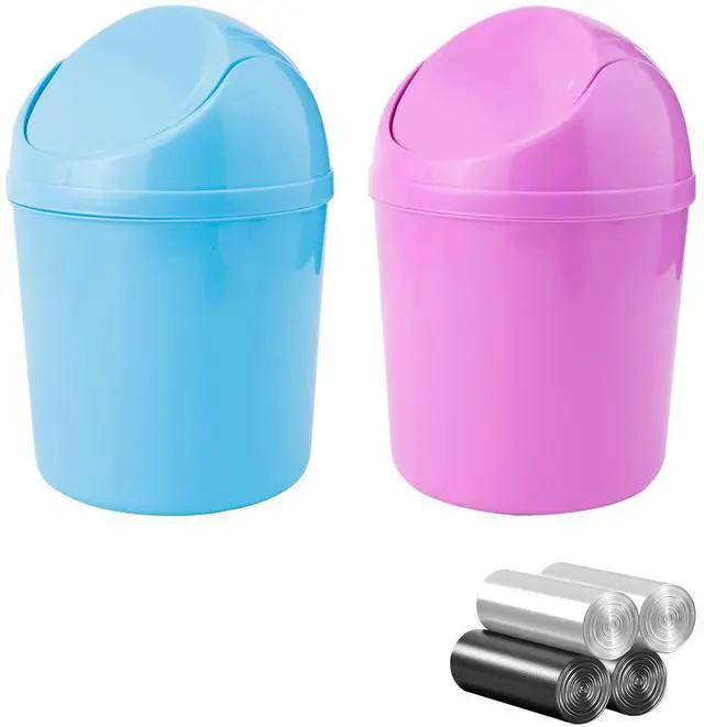 Main image of 2 Pcs Plastic Mini Wastebasket Trash Can with Swing Lid with 120 Trash Bags, Tiny Desktop Waste Garbage Bin for Home, Office, Kitchen, Vanity Tabletop, Bedroom, Bathroom (Blue + Purple)
