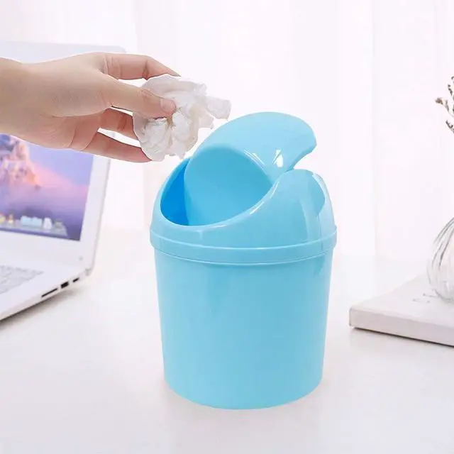 Alt view image 3 of 6 - 2 Pcs Plastic Mini Wastebasket Trash Can with Swing Lid with 120 Trash Bags, Tiny Desktop Waste Garbage Bin for Home, Office, Kitchen, Vanity Tabletop, Bedroom, Bathroom (Blue + Purple)