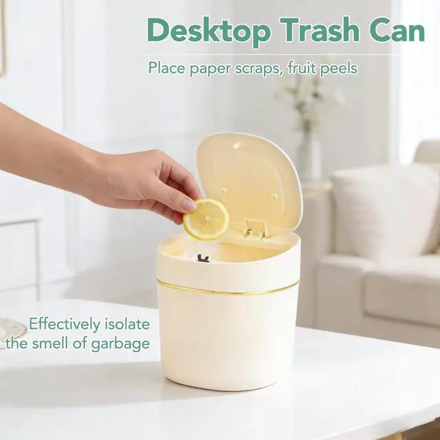 Alt view image 4 of 7 - 1 Pcs Mini Desktop Trash Can with Lid with 90 Trash Bags, Press-Type Garbage Can, Small Countertop Plastic Wastebasket for Vanity, Bedroom, Bathroom, Kitchen, Desk (White)