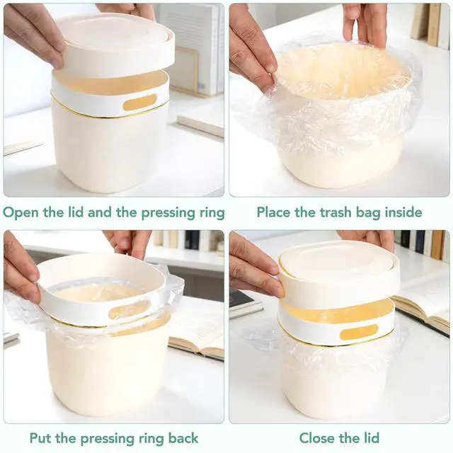 Alt view image 5 of 7 - 1 Pcs Mini Desktop Trash Can with Lid with 90 Trash Bags, Press-Type Garbage Can, Small Countertop Plastic Wastebasket for Vanity, Bedroom, Bathroom, Kitchen, Desk (White)