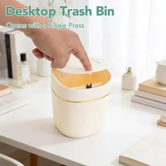 Alt view image 6 of 7 - 1 Pcs Mini Desktop Trash Can with Lid with 90 Trash Bags, Press-Type Garbage Can, Small Countertop Plastic Wastebasket for Vanity, Bedroom, Bathroom, Kitchen, Desk (White)