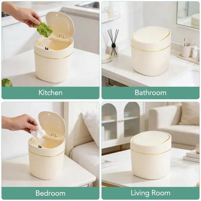 Alt view image 7 of 7 - 1 Pcs Mini Desktop Trash Can with Lid with 90 Trash Bags, Press-Type Garbage Can, Small Countertop Plastic Wastebasket for Vanity, Bedroom, Bathroom, Kitchen, Desk (White)