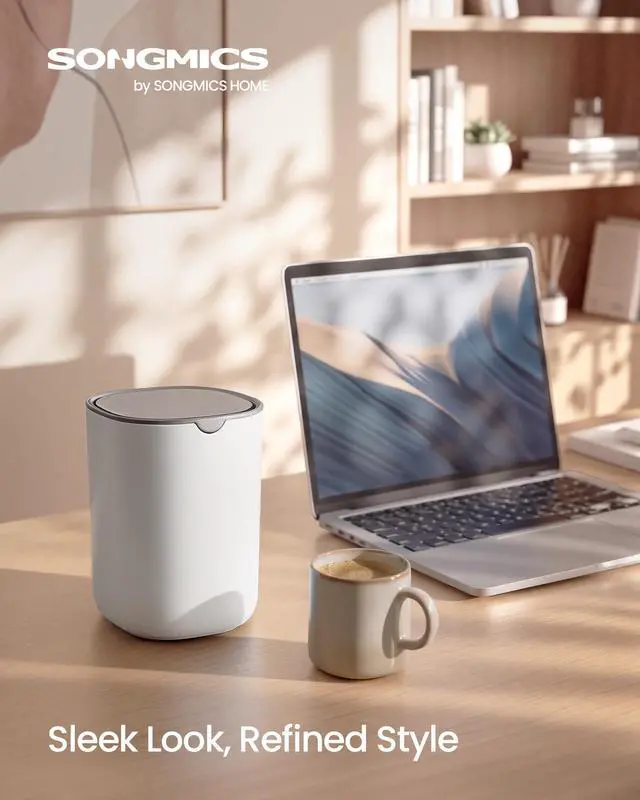 Alt view image 2 of 7 - Mini Desk Trash Can with Stainless Steel Swing Lid, 0.4 Gal. | Small Table Round Wastebasket for Bathroom, Vanity, Bedroom, Car, Cloud White, PARRI Collection ULTB150W101