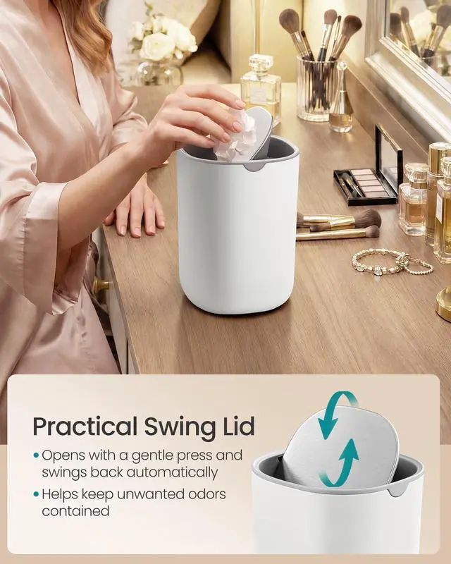 Alt view image 5 of 7 - Mini Desk Trash Can with Stainless Steel Swing Lid, 0.4 Gal. | Small Table Round Wastebasket for Bathroom, Vanity, Bedroom, Car, Cloud White, PARRI Collection ULTB150W101