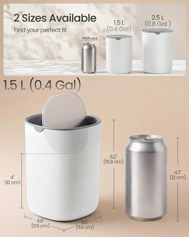 Alt view image 3 of 7 - Mini Desk Trash Can with Stainless Steel Swing Lid, 0.4 Gal. | Small Table Round Wastebasket for Bathroom, Vanity, Bedroom, Car, Cloud White, PARRI Collection ULTB150W101