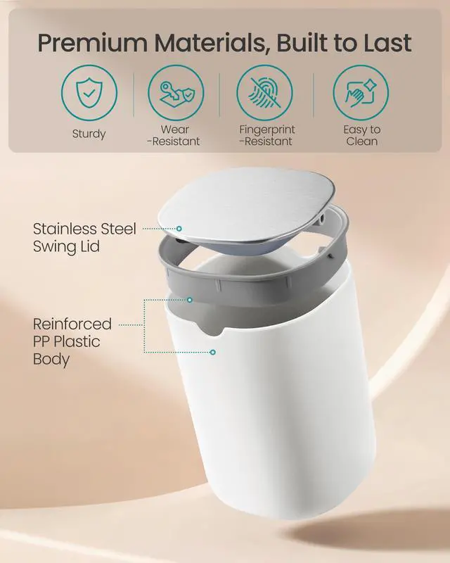 Alt view image 6 of 7 - Mini Desk Trash Can with Stainless Steel Swing Lid, 0.4 Gal. | Small Table Round Wastebasket for Bathroom, Vanity, Bedroom, Car, Cloud White, PARRI Collection ULTB150W101
