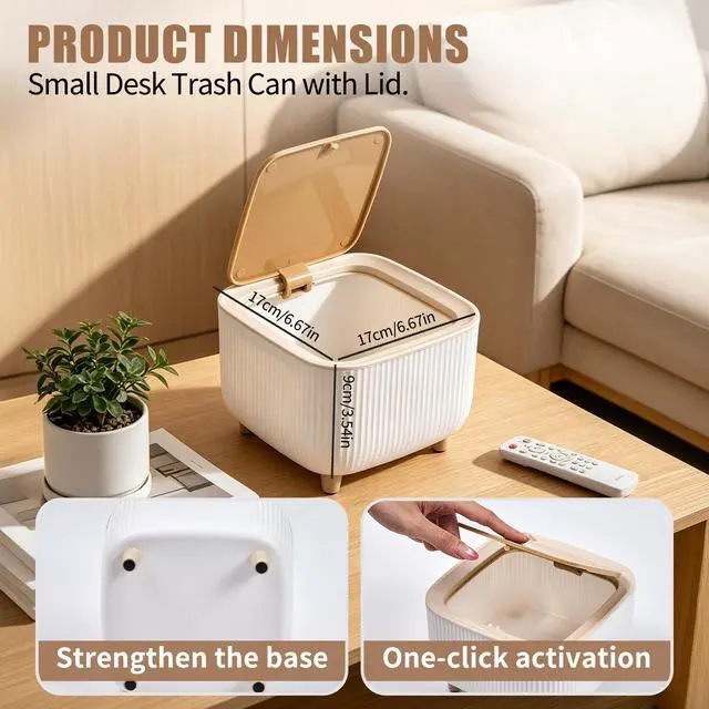 Alt view image 2 of 6 - Small Desktop Trash Can with One Button Lid, 0.69 Gal, (Vertical Oak Grain) | 6.67" Mini Compact Size Fits Bedroom/Living Room/Bathroom/Office Desk, Easy To Clean