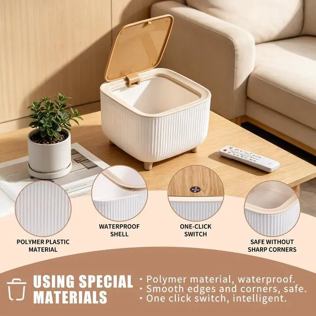Alt view image 3 of 6 - Small Desktop Trash Can with One Button Lid, 0.69 Gal, (Vertical Oak Grain) | 6.67" Mini Compact Size Fits Bedroom/Living Room/Bathroom/Office Desk, Easy To Clean