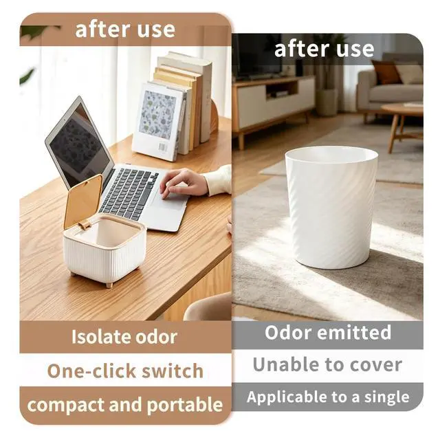 Alt view image 5 of 6 - Small Desktop Trash Can with One Button Lid, 0.69 Gal, (Vertical Oak Grain) | 6.67" Mini Compact Size Fits Bedroom/Living Room/Bathroom/Office Desk, Easy To Clean