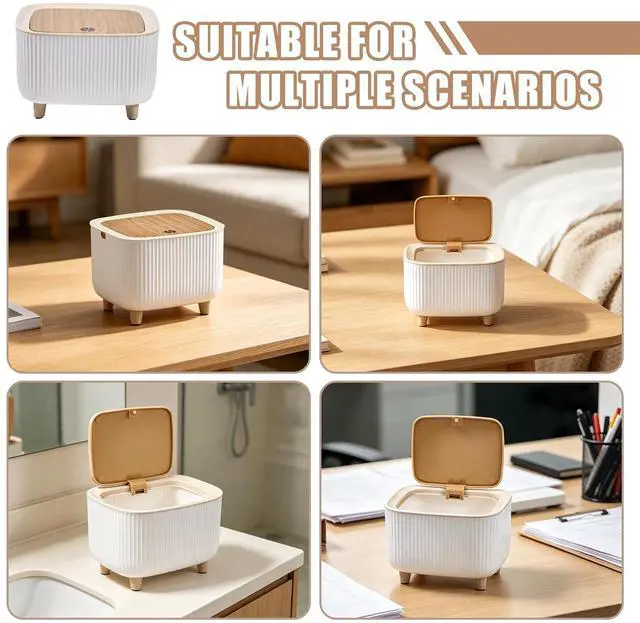 Alt view image 6 of 6 - Small Desktop Trash Can with One Button Lid, 0.69 Gal, (Vertical Oak Grain) | 6.67" Mini Compact Size Fits Bedroom/Living Room/Bathroom/Office Desk, Easy To Clean