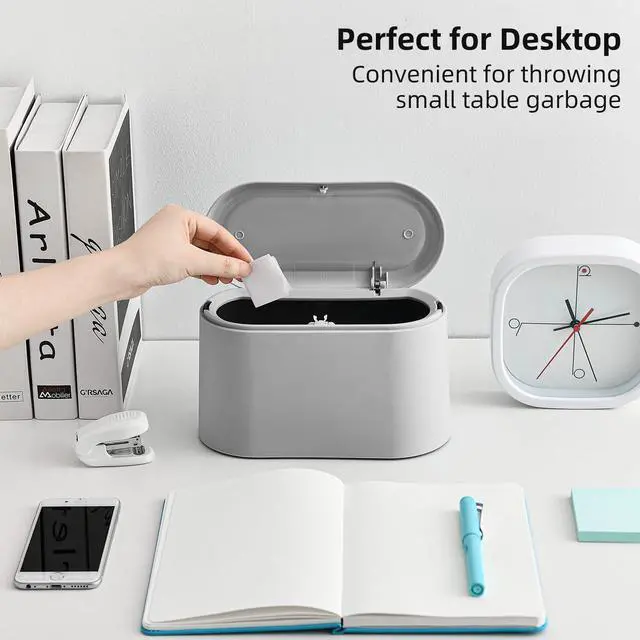 Alt view image 5 of 6 - Mini Trash Can with Lid,Small Desktop Trash Can,Light Grey 0.5 Gal | Countertop Mini Garbage Cans,Small Garbage Can for Office Kitchen Coffee Table, Tiny Wastebasket for Desktop