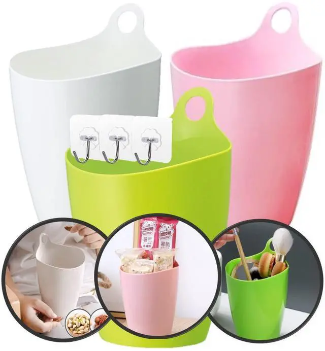 Main image of Declutter and Organize with Our Hangable Desktop Trashcan - Small, Multifunctional, and Stylish - Perfect for Makeup Brushes, Lint, and More! Plastic Pink Green White, 3packs