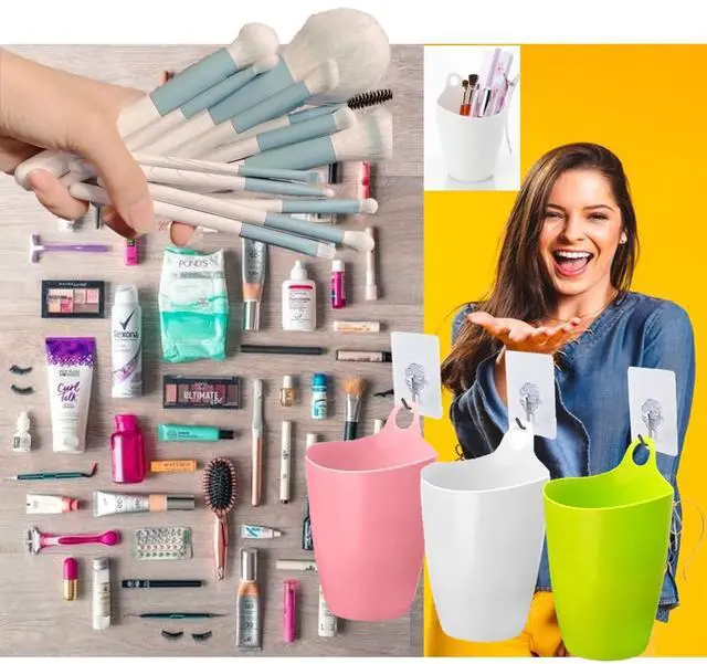 Alt view image 6 of 7 - Declutter and Organize with Our Hangable Desktop Trashcan - Small, Multifunctional, and Stylish - Perfect for Makeup Brushes, Lint, and More! Plastic Pink Green White, 3packs