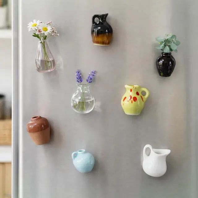 Alt view image 3 of 7 - 8 Pcs Cute Mini Vase Magnets for Fridge, Funny Plant Decorative Magnets | Tiny Ceramic Vase Refrigerator Magnets with Faux Flowers, for Fridge, Kitchen, Locker & Office Decor Gift