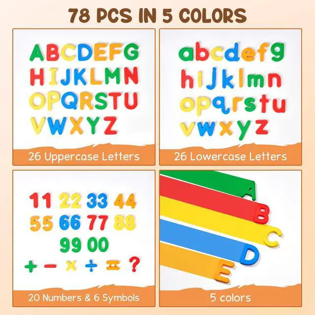 Alt view image 2 of 6 - Magnetic Letters Numbers Alphabet ABC 123 Fridge Magnets, 78 Pcs | Plastic colorful magnets, uppercase lowercase letters, math symbols, preschool educational learning toy set for toddlers kids
