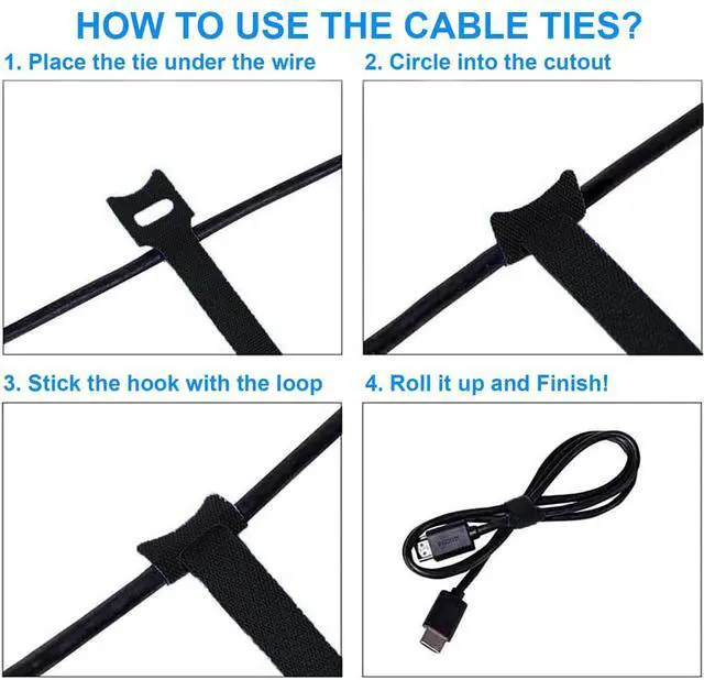 Alt view image 4 of 6 - 60 PCS 6 Inches Reusable Cable Ties, Adjustable Cord Straps, Cable Organizer, Cord Wrap and Hook Loop Cords Management - Black