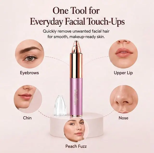 Alt view image 2 of 7 - Eyebrow Trimmer for Women, Precise & Painless Eyebrow Razor with LED Light, Electric Facial Hair Remover for Flawless Brows, Lip & Face, Battery Operated, Travel-Friendly, Gold-Plated Design