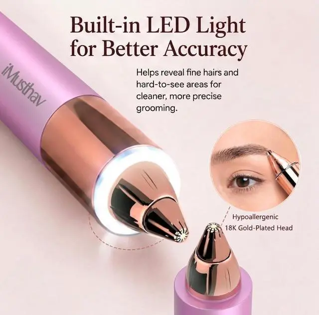 Alt view image 3 of 7 - Eyebrow Trimmer for Women, Precise & Painless Eyebrow Razor with LED Light, Electric Facial Hair Remover for Flawless Brows, Lip & Face, Battery Operated, Travel-Friendly, Gold-Plated Design