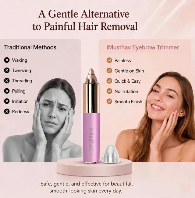 Alt view image 4 of 7 - Eyebrow Trimmer for Women, Precise & Painless Eyebrow Razor with LED Light, Electric Facial Hair Remover for Flawless Brows, Lip & Face, Battery Operated, Travel-Friendly, Gold-Plated Design