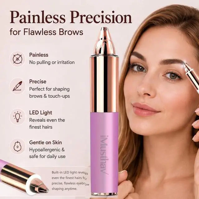 Alt view image 5 of 7 - Eyebrow Trimmer for Women, Precise & Painless Eyebrow Razor with LED Light, Electric Facial Hair Remover for Flawless Brows, Lip & Face, Battery Operated, Travel-Friendly, Gold-Plated Design