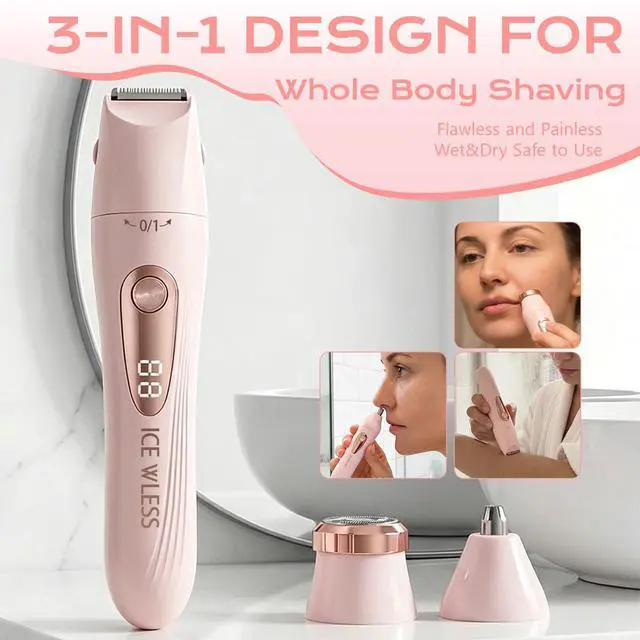 Alt view image 6 of 7 - Electric Razors for Women, 3 in1 Bikini Trimmer, Waterproof Rechargeable Facial Hair Removal & Eyebrow Shaver with LED Display for Leg/Face/Armpit/Bikini(Pink)