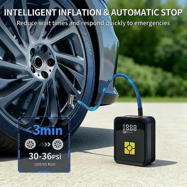 Alt view image 3 of 7 - Tire Inflator Portable Air Compressor, Digital Air Pump With Auto Shut Off Electric Air Pump with LED Flashlight & Emergency Power Bank, Fits Car SUV Motorcycle Bicycle Sports Balls
