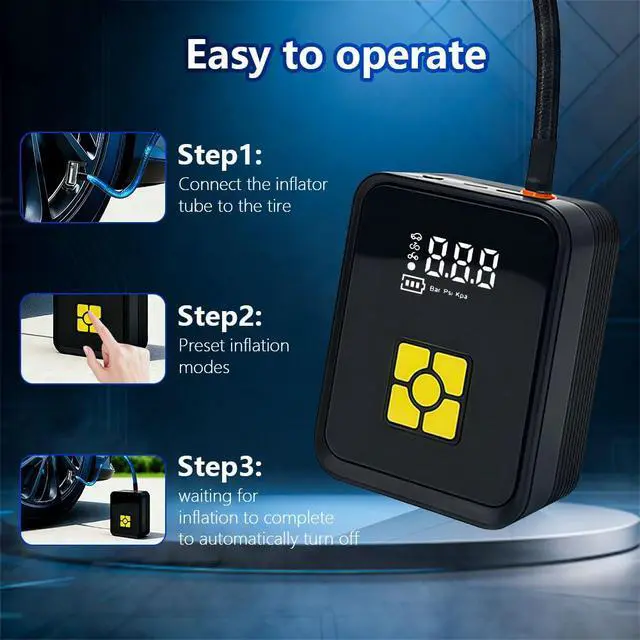 Alt view image 4 of 7 - Tire Inflator Portable Air Compressor, Digital Air Pump With Auto Shut Off Electric Air Pump with LED Flashlight & Emergency Power Bank, Fits Car SUV Motorcycle Bicycle Sports Balls
