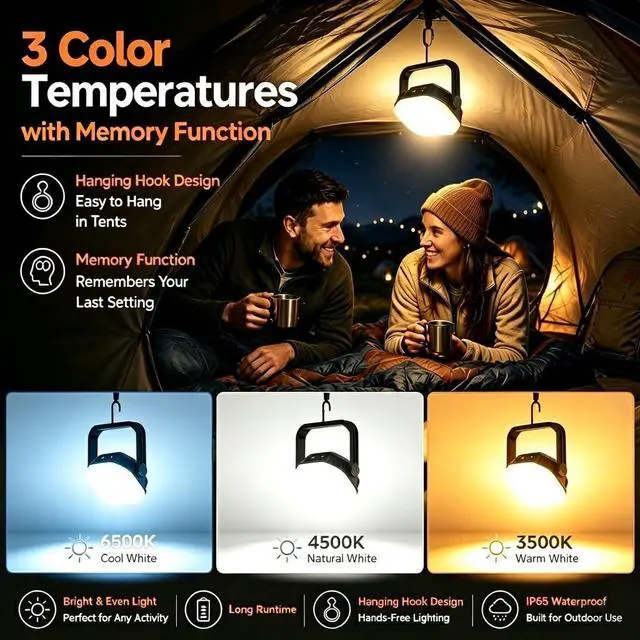 Alt view image 3 of 7 - Rechargeable Camping Lantern, LED Tent Light with Magnet | 360° Stand & Threaded Mount,Eye-Friendly Light, 3600mAh Battery,48H Runtime, 3 Brightness Levels, IP65 Camping Light
