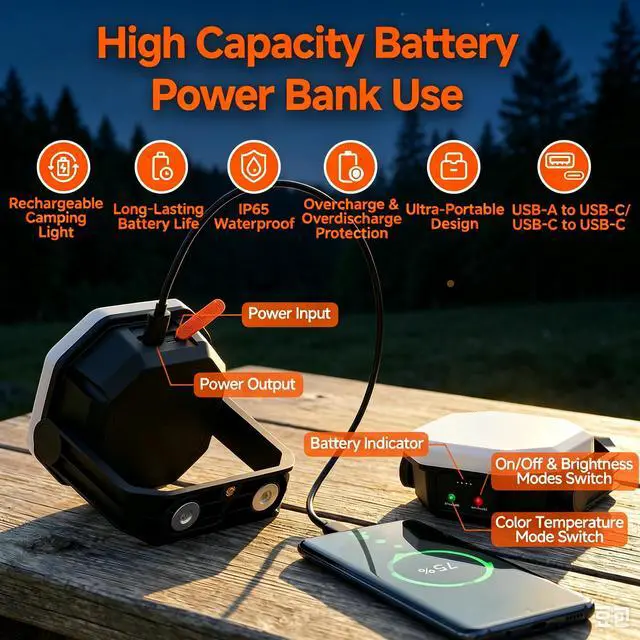Alt view image 5 of 7 - Rechargeable Camping Lantern, LED Tent Light with Magnet | 360° Stand & Threaded Mount,Eye-Friendly Light, 3600mAh Battery,48H Runtime, 3 Brightness Levels, IP65 Camping Light