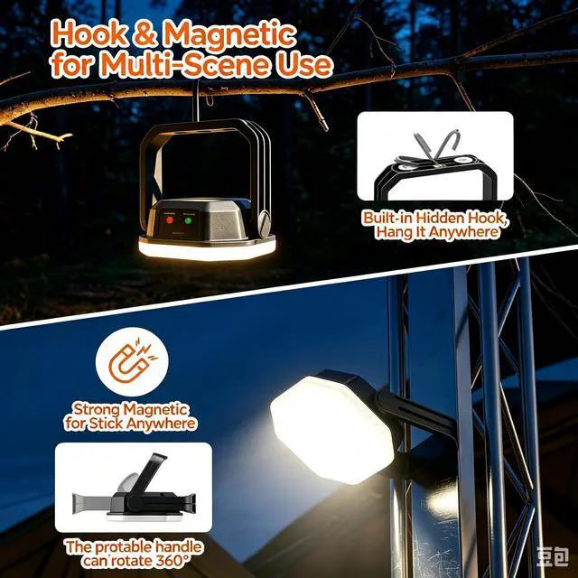 Alt view image 6 of 7 - Rechargeable Camping Lantern, LED Tent Light with Magnet | 360° Stand & Threaded Mount,Eye-Friendly Light, 3600mAh Battery,48H Runtime, 3 Brightness Levels, IP65 Camping Light