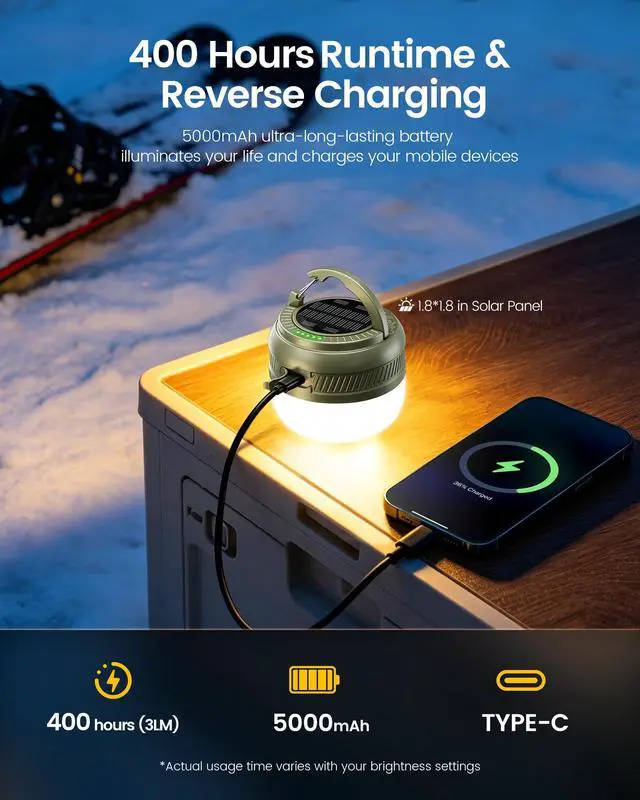 Alt view image 3 of 6 - 400H Camping Lantern, 5000mAh Rechargeable Lantern, Solar Pocket | Led Camping Lantern with 5 Brightness 3 Modes, IPX5 Waterproof, Pocket Lanterns for Power Outages, Emergency Light, Camping