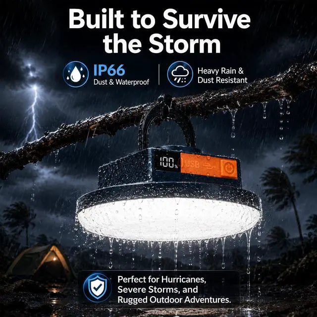 Alt view image 4 of 7 - 20W Tent Lights & Canopy Lights, Rechargeable Camping Lantern/Lamp | 20W bright, rechargeable, IP66 waterproof, 7-20H runtime, battery indicator. For camping, hiking, outages, hurricanes.