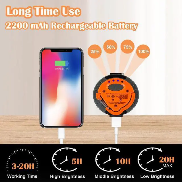 Alt view image 3 of 7 - LED Camping Lighting Fixture, Rechargeable Portable, Magnetic | Camping Lantern for Emergency, Hurricane, Outage, Charger for Mobile, 2200 mAh, Orange, 2 Pack