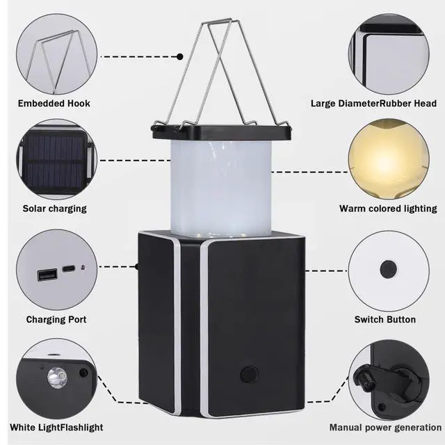 Alt view image 5 of 7 - Solar LED Rechargeable Emergency Camping Lantern,White Solar Rechargeable,Rechargeable Type C,Emergency Lights Hand-Crank Power Generation,Phone Power Supply Function,flashlights