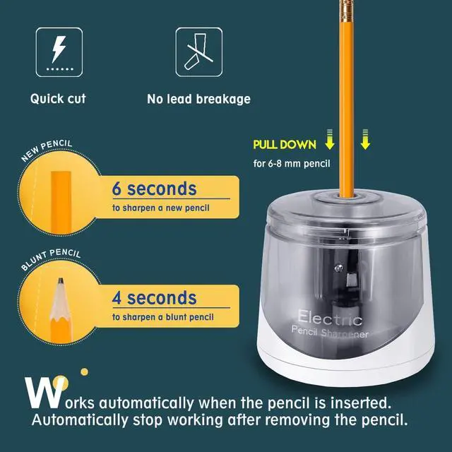 Alt view image 6 of 6 - Electric Pencil Sharpener, Battery (Not lncluded) or USB Powered Small Portable for NO.2 Pencils, Automatic for Home and Office White