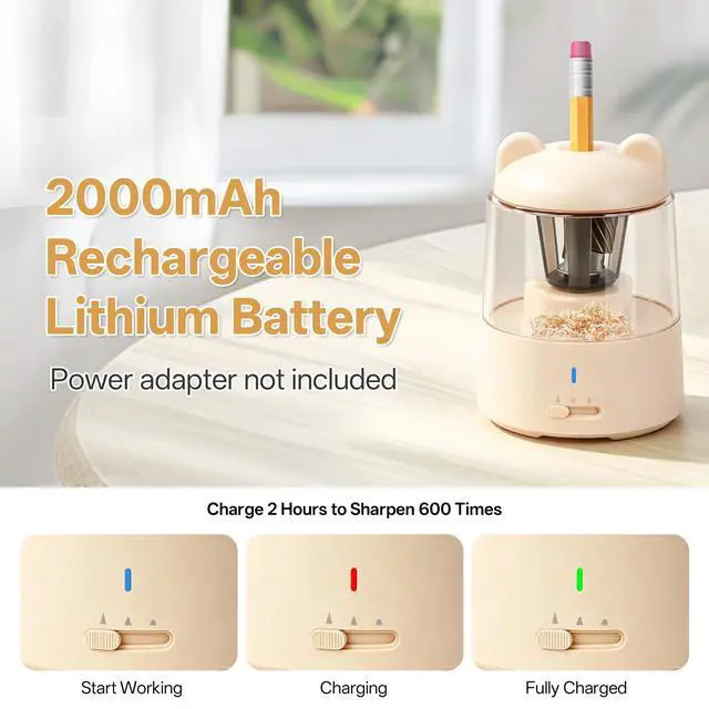 Alt view image 4 of 7 - Electric Pencil Sharpener, Auto Stop Fast Sharpen in 3s, Battery Powered Pencil Sharpeners for No.2 & 6-8mm Colored Pencils, Cute Rechargeable Pencil Sharpener for Classroom/Office/Home (Pink)