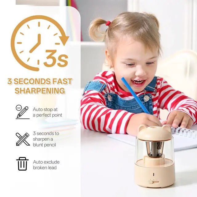Alt view image 2 of 7 - Electric Pencil Sharpener, Auto Stop Fast Sharpen in 3s, Battery Powered Pencil Sharpeners for No.2 & 6-8mm Colored Pencils, Cute Rechargeable Pencil Sharpener for Classroom/Office/Home (Pink)