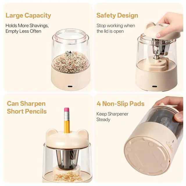 Alt view image 7 of 7 - Electric Pencil Sharpener, Auto Stop Fast Sharpen in 3s, Battery Powered Pencil Sharpeners for No.2 & 6-8mm Colored Pencils, Cute Rechargeable Pencil Sharpener for Classroom/Office/Home (Pink)