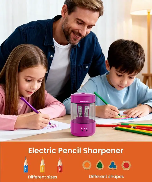Alt view image 2 of 7 - Electric Pencil Sharpener for Classroom, Fully Automatic, Magenta Pink | Type-C Rechargeable, Auto In/Out, 2000mAh Built-in Battery, Fast Sharpen, For 6-8mm No.2&Colored Pencils, Home, School Office