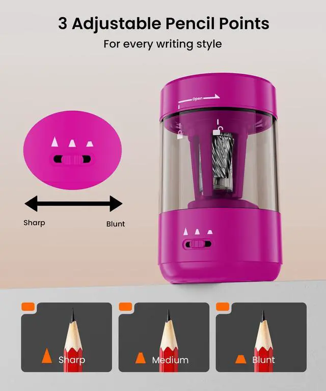 Alt view image 4 of 7 - Electric Pencil Sharpener for Classroom, Fully Automatic, Magenta Pink | Type-C Rechargeable, Auto In/Out, 2000mAh Built-in Battery, Fast Sharpen, For 6-8mm No.2&Colored Pencils, Home, School Office
