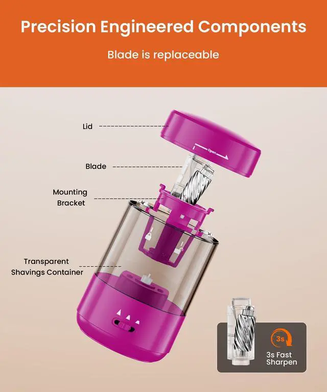 Alt view image 6 of 7 - Electric Pencil Sharpener for Classroom, Fully Automatic, Magenta Pink | Type-C Rechargeable, Auto In/Out, 2000mAh Built-in Battery, Fast Sharpen, For 6-8mm No.2&Colored Pencils, Home, School Office