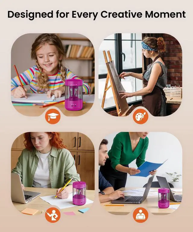 Alt view image 7 of 7 - Electric Pencil Sharpener for Classroom, Fully Automatic, Magenta Pink | Type-C Rechargeable, Auto In/Out, 2000mAh Built-in Battery, Fast Sharpen, For 6-8mm No.2&Colored Pencils, Home, School Office