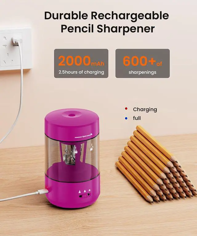 Alt view image 5 of 7 - Electric Pencil Sharpener for Classroom, Fully Automatic, Magenta Pink | Type-C Rechargeable, Auto In/Out, 2000mAh Built-in Battery, Fast Sharpen, For 6-8mm No.2&Colored Pencils, Home, School Office