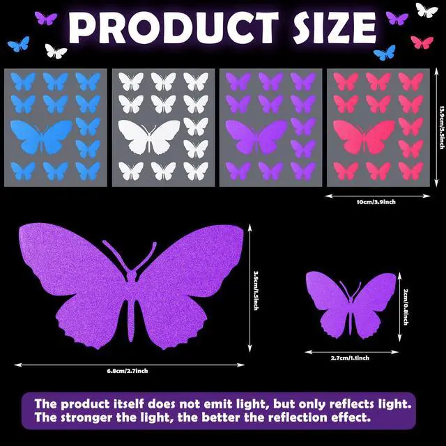Alt view image 2 of 6 - 12 Pcs Butterfly Reflective Stickers, Vinyl Waterproof Decals | Safety Warning Visibility for Helmet Motorcycle Bike Car Wheelchair Outdoor, Colorful Designs for DIY Decoration