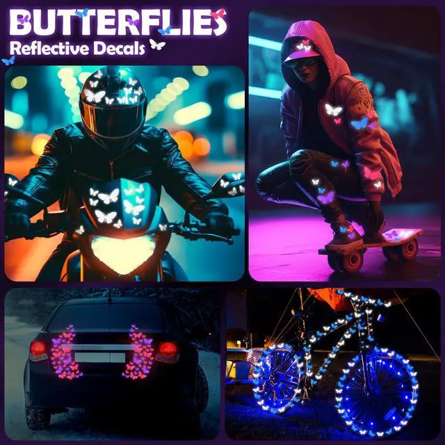 Alt view image 6 of 6 - 12 Pcs Butterfly Reflective Stickers, Vinyl Waterproof Decals | Safety Warning Visibility for Helmet Motorcycle Bike Car Wheelchair Outdoor, Colorful Designs for DIY Decoration