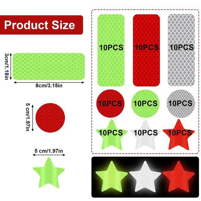 Alt view image 2 of 7 - 90 Pcs Safety Reflective Stickers, Warning Reflective Stickers, Waterproof Reflective Tape Stickers Night Visibility Adhesive Car Reflector Sticker for Motorcycle Bicycle Vehicle (3 colors,3 shapes)
