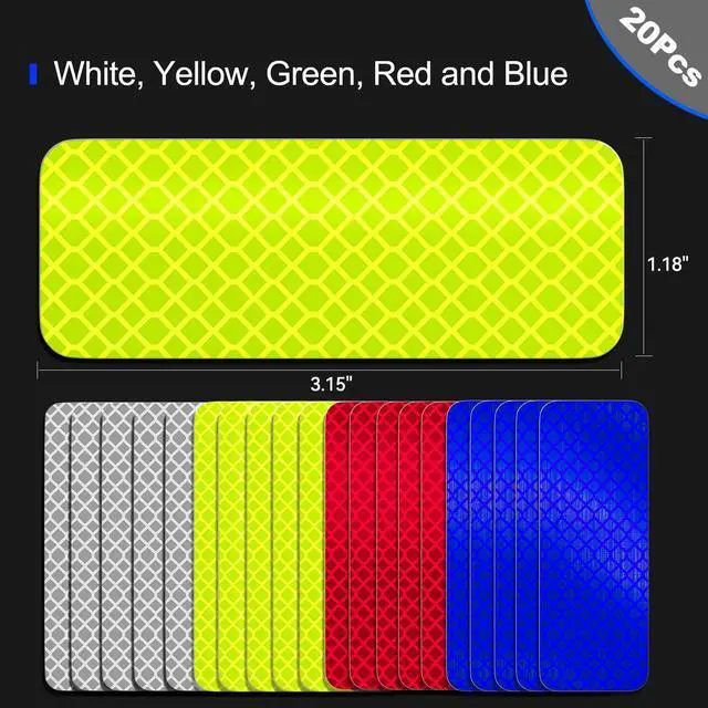 Alt view image 7 of 7 - 20 Pcs Super Reflection Reflective Stickers, Safety Reflective Tape for Car Bike Mailbox Helmet, White Yellow-Green Red Blue Reflective Tape Outdoor Waterproof 3.15" X 1.18"