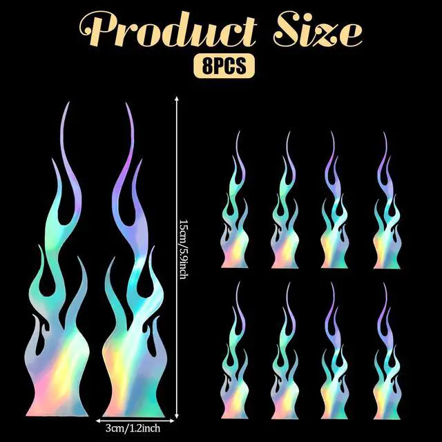 Alt view image 2 of 7 - 8pcs Flame Reflective Stickers, 5.9"X1.2" Flame Decals for Sports & Bikes, Skateboards, Laptop & DIY Decoration, Reflective Decals