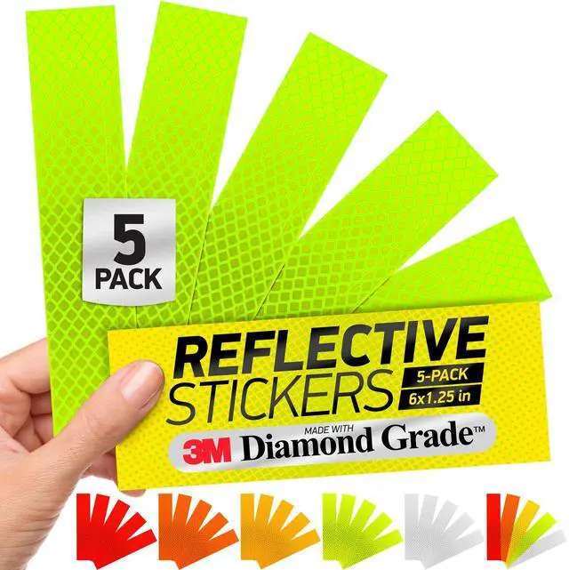 Main image of Reflective Stickers | 3M Diamond Grade | Yellow-Green | 1.25 x 6 | 5-Pack | Reflective Safety Tape for Helmets, Cars, Mailboxes & More