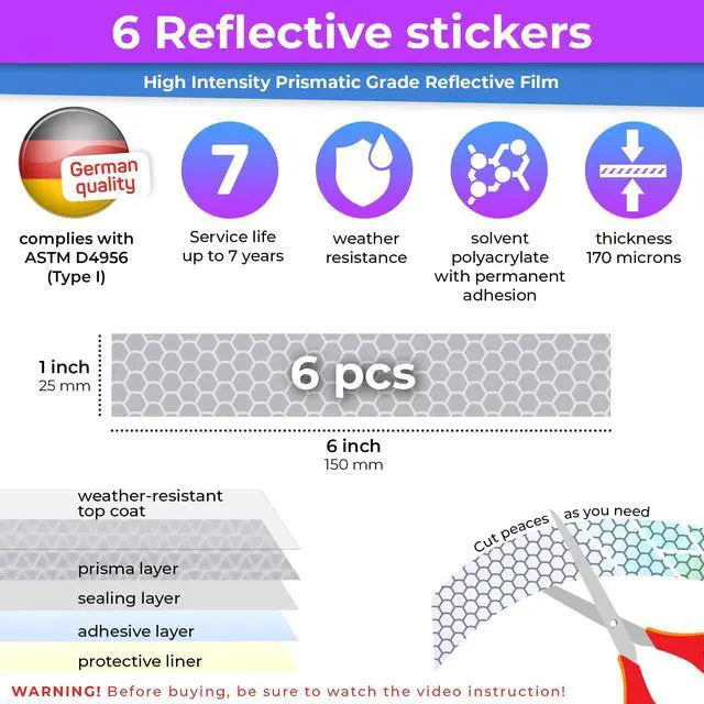 Alt view image 3 of 7 - Reflective Strips for Helmets & Cars | 6pc | Yellow-Red | Bright German ORAFOL prismatic strips for helmets, cars and bikes; strong permanent adhesive and nighttime visibility